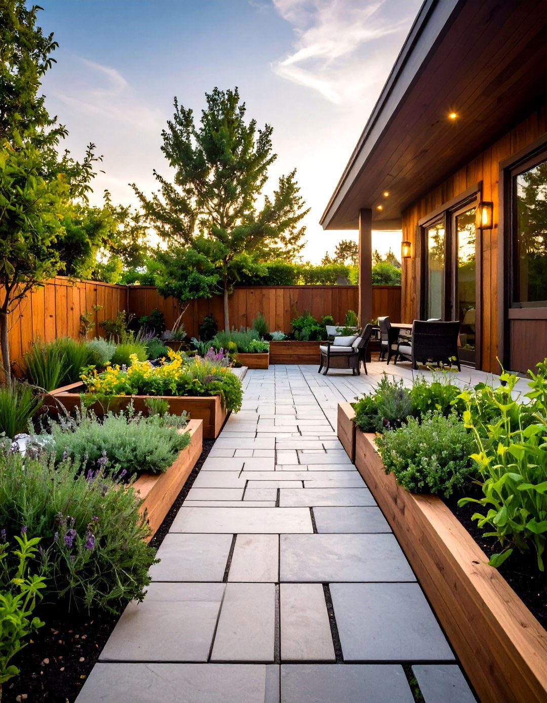 Herb Scented Cooking Patio Alongside Raised Beds - 20 Flagstone Patio Ideas