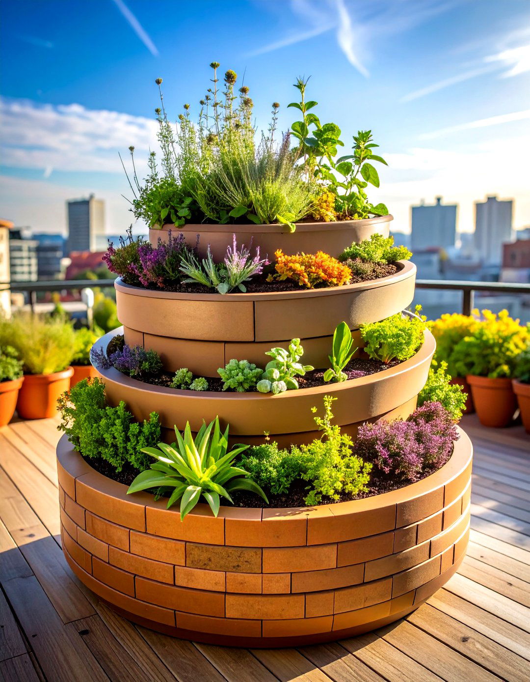 Herb Spiral Planters for an Aromatic Rooftop Garden - 20 Rooftop Garden Ideas