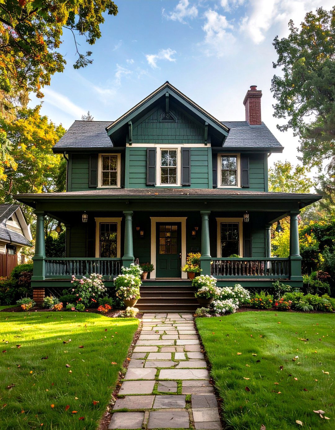 Heritage Bungalow Revival in Dark Olive Green House Colors - 20 Dark Olive Green House With Black Trim