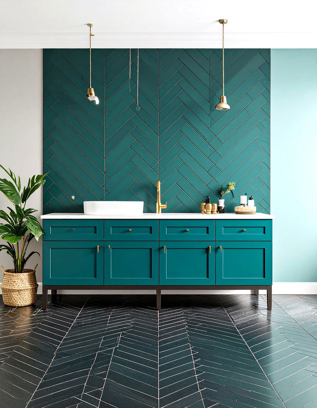 Herringbone Black Tile Bathroom Drama - 20 Black Tile Bathroom Ideas