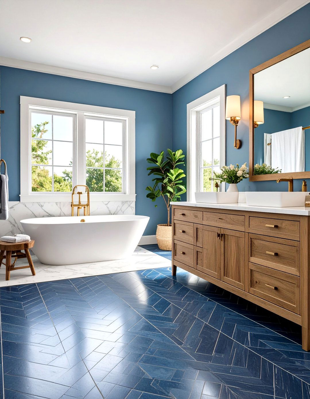 Herringbone Blue Tile Patterns for Dynamic Movement - 20 Blue Tile Bathroom Ideas