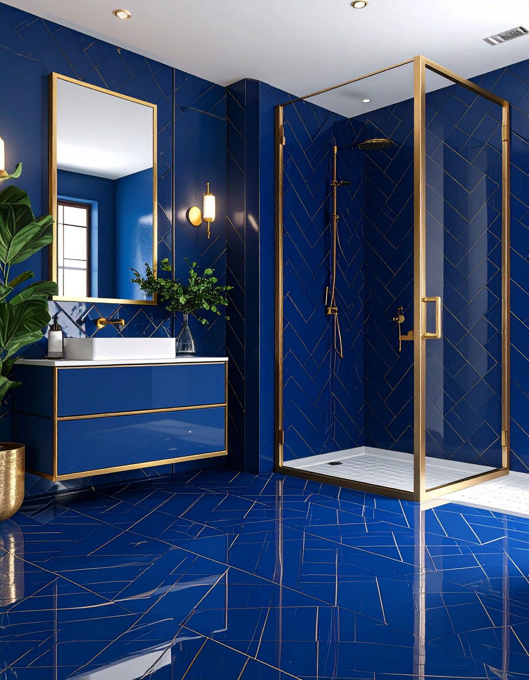 Herringbone Blue Tiles with Gold Grout Lines - 20 Blue and Gold Bathroom Ideas