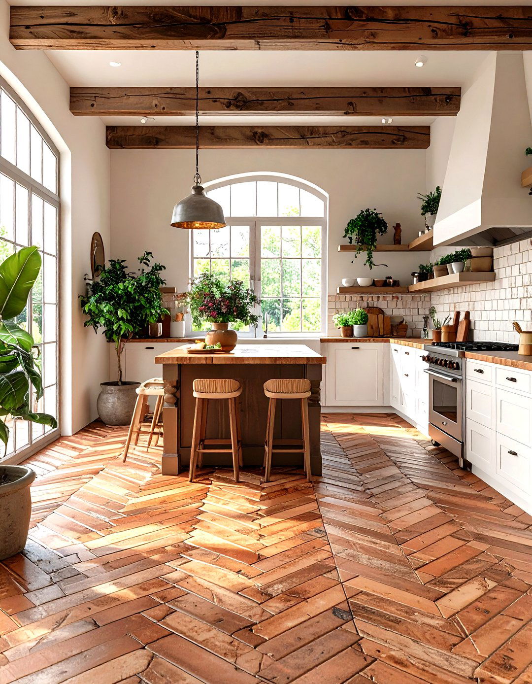 Herringbone Brick Floors Ground the Space - 20 Earthy Kitchen Ideas