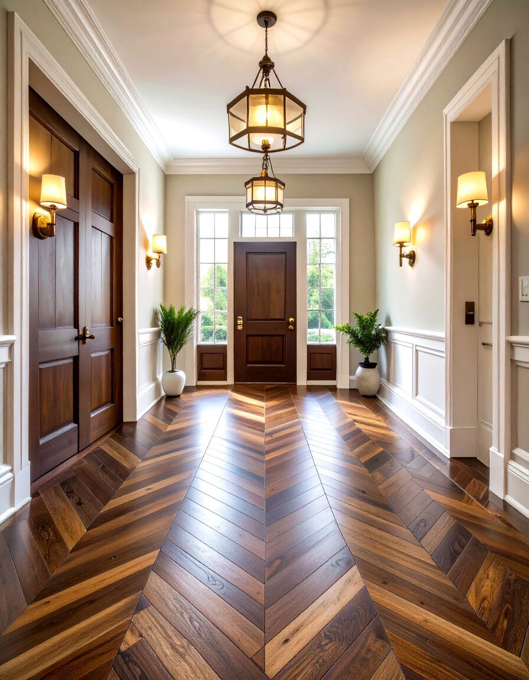 Herringbone Dark Walnut Floor Enlarges a Petite Foyer - 20 Dark Walnut Floors for Rooms