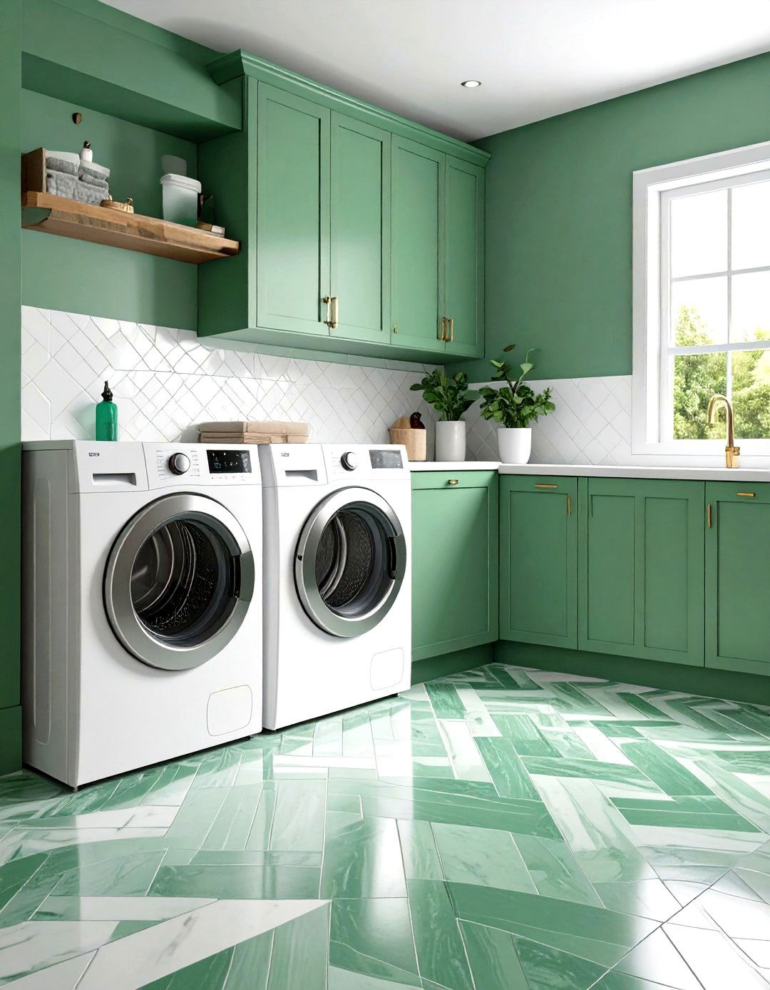Herringbone Floor Tile Stands Up to Splashes - 20 Green Laundry Room Ideas