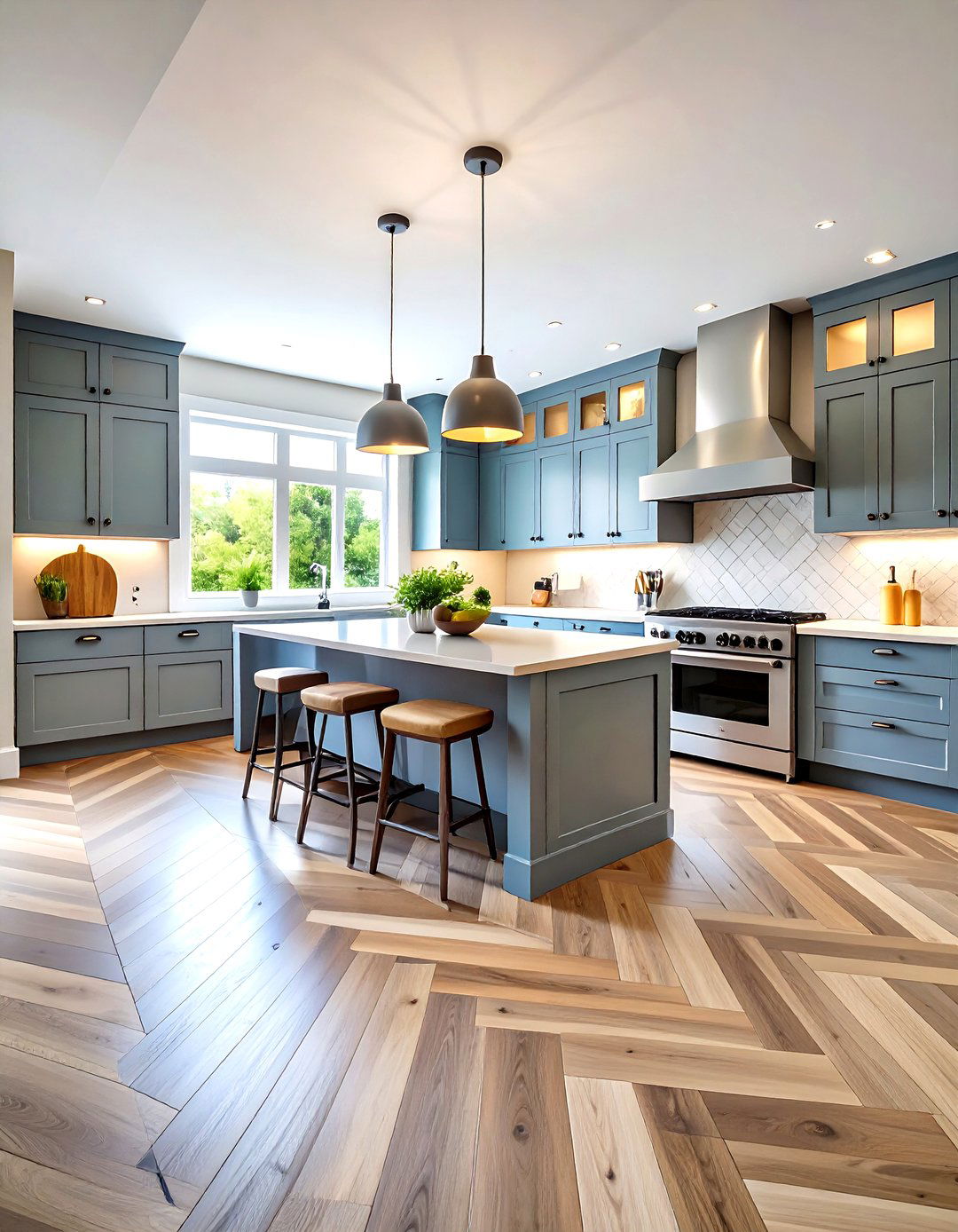 Herringbone Floor in Weathered Oak - 20 Grey and White Kitchen Ideas