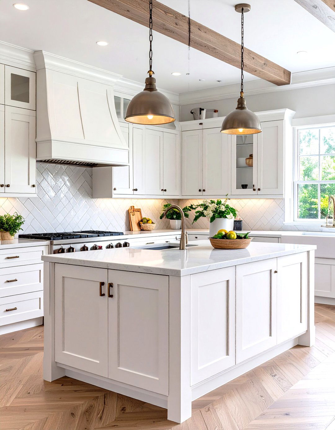 Herringbone Grey Tile Backsplash Kitchen with White Shaker - 20 Grey and White Kitchen Designs