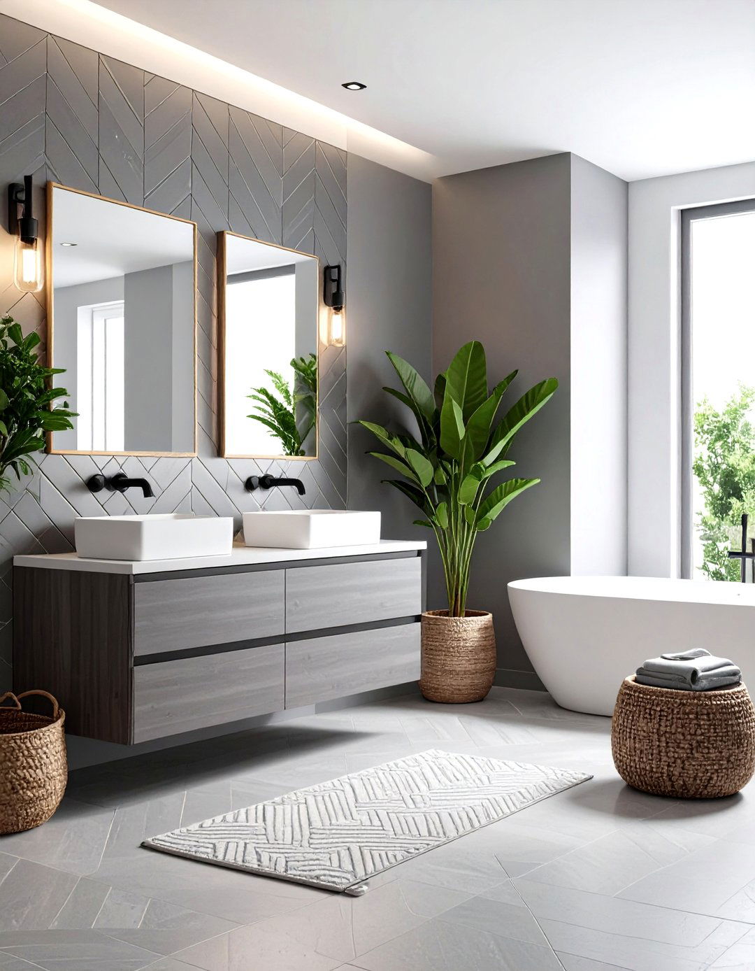 Herringbone Grey Tile Feature Wall - 20 Grey Tile Bathroom Ideas