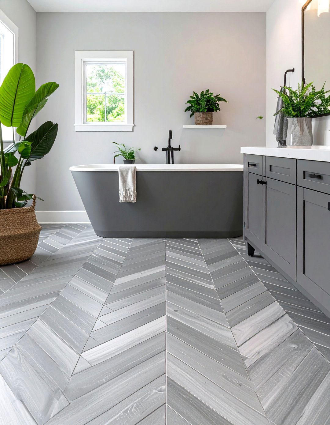 Herringbone Laid Gray Tile Adds Dynamic Movement - 20 Gray Floor Bathroom Ideas