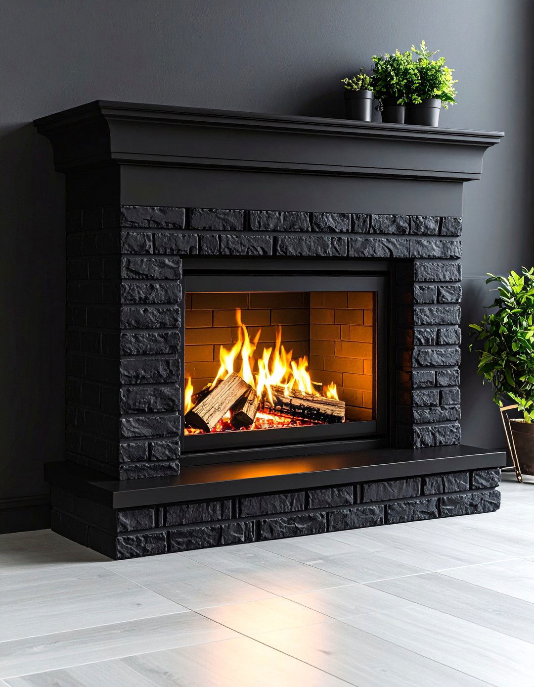 Herringbone Lined Black Brick Fireplace - 20 Black Brick Fireplace Ideas