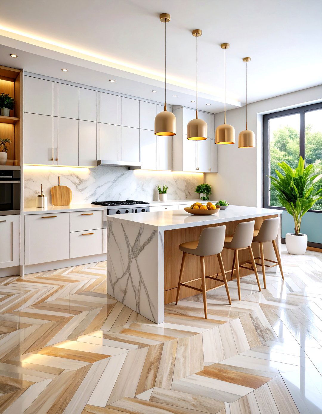 Herringbone Mosaic Marble Kitchen Floor - 20 Marble Kitchen Floor Ideas
