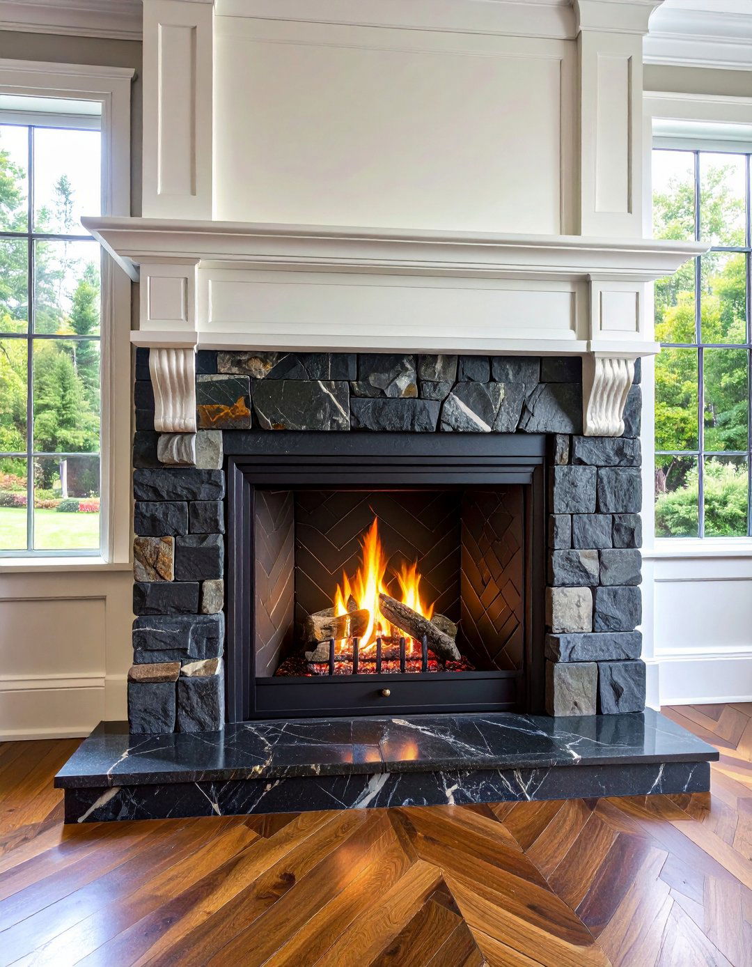 Herringbone Pattern Black Marble Elevates Tradition - 20 Black Stone Fireplace Ideas