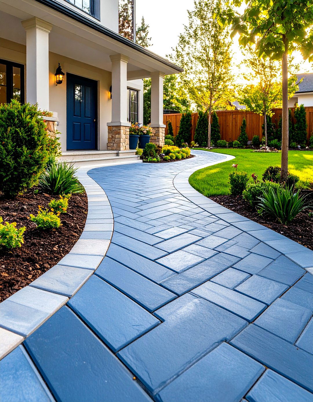 Herringbone Pattern Bluestone Walkway with Classic European Style - 20 Bluestone Walkway Ideas