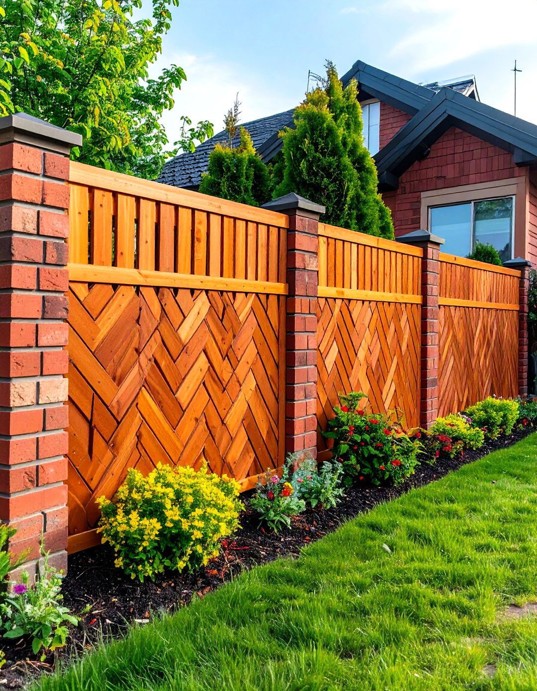 Herringbone Pattern Brick Fence for Textural Interest - 20 Brick Fence Ideas