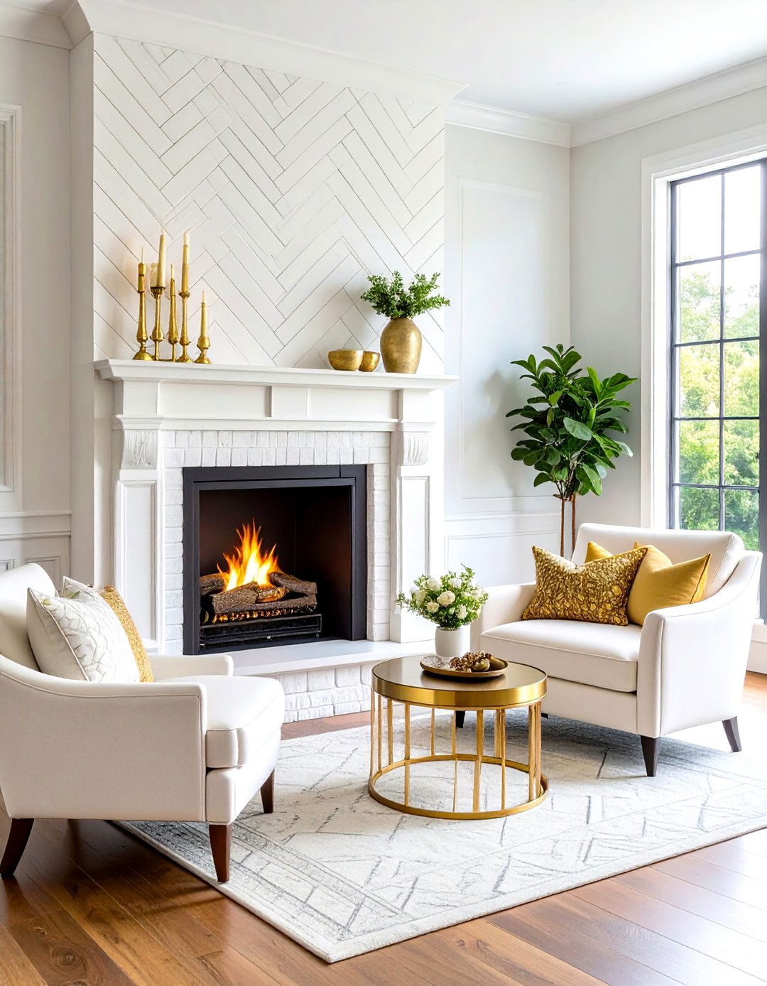 Herringbone White Brick Fireplace with Brass Accents - 20 White Brick Fireplace Ideas