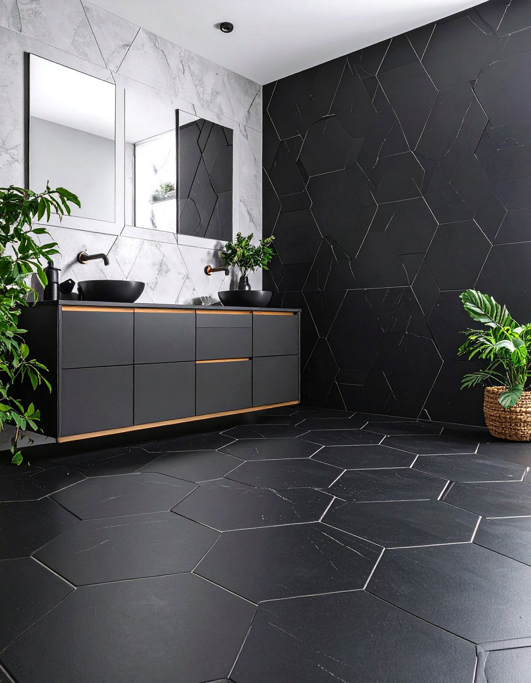 Hexagon Black Tile Bathroom Geometry - 20 Black Tile Bathroom Ideas