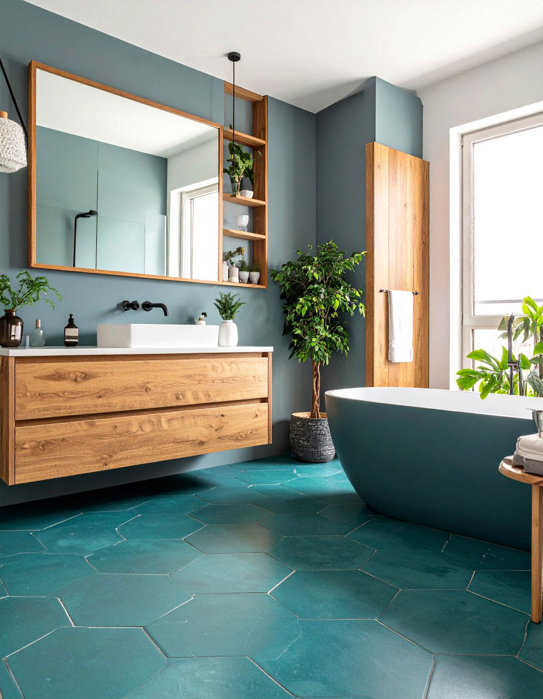 Hexagon Blue Tile Installations for Geometric Appeal - 20 Blue Tile Bathroom Ideas