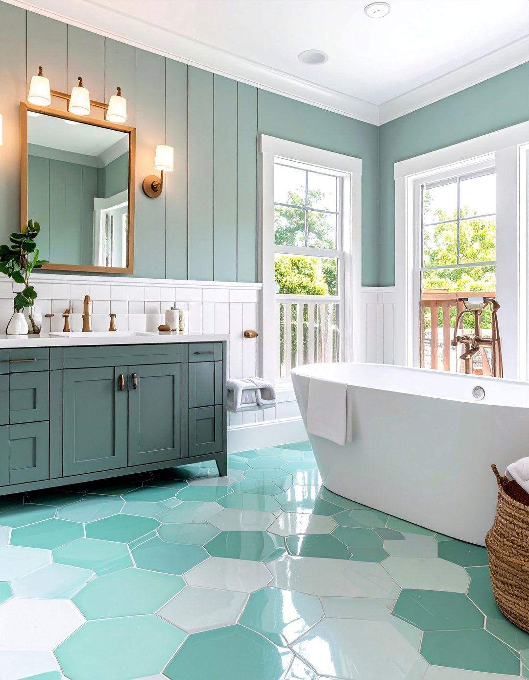 Hexagon Green Floor Tiles against Gray Beadboard - 20 Green and Grey Bathroom Ideas