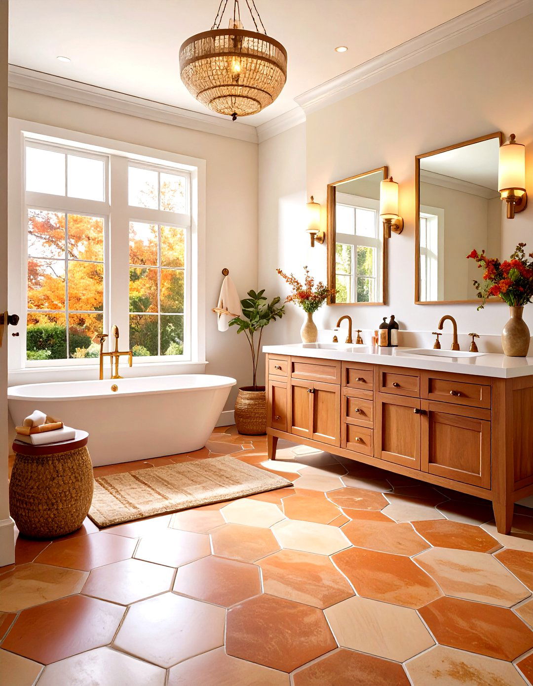 Hexagon Powder Room Floor Tile in Warm Earth Tones - 20 Powder Room Floor Tile Ideas