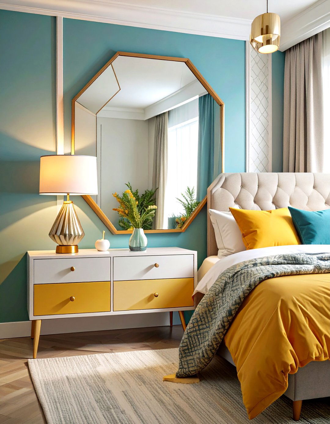 Hexagonal Geometric Mirror Behind Nightstand Concept - 20 Mirror Behind Nightstand Design Ideas