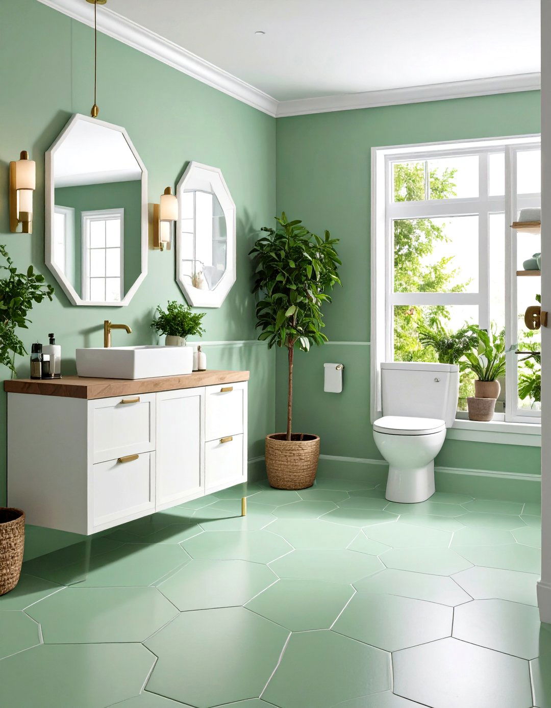 Hexagonal Green Floor Tiles for a Graphic Powder Room - 20 Green Powder Room Ideas