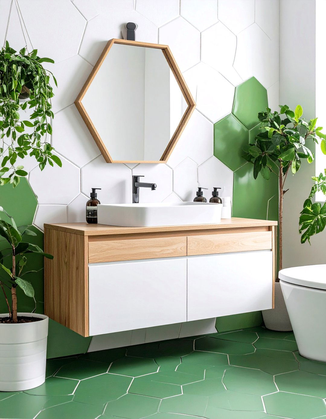 Hexagonal Green Floor Tiles - 20 Small Green Bathroom Ideas