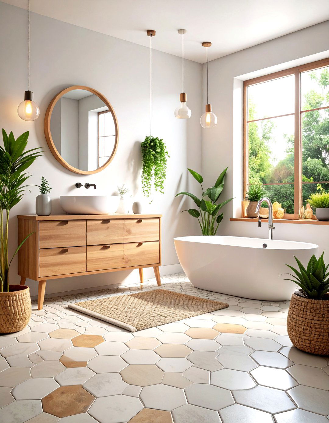 Hexagonal Penny Tile Floor Hybrid Design - 20 Penny Tile Bathroom Floor Ideas