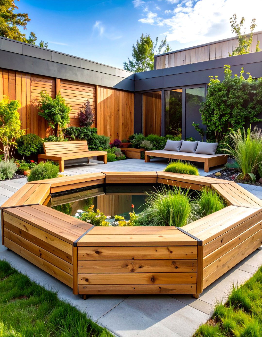 Hexagonal Raised Garden Pond with Integrated Seating Benches - 20 Raised Garden Pond Ideas