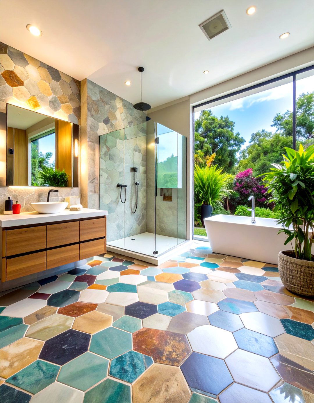 Hexagonal Stone Mosaic - 20 Stone Shower Design Ideas