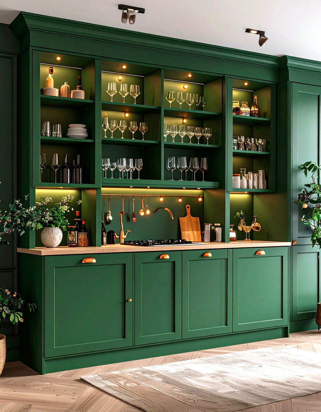 Hidden Green Cabinet Interiors Illuminated by Copper Lighting - 20 Green and Copper Kitchen Ideas