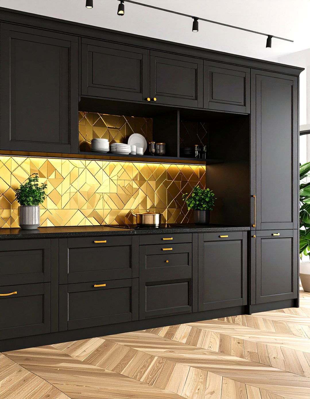 Hidden Pantry with Gold Patterned Interior - 20 Black and Gold Kitchen Ideas
