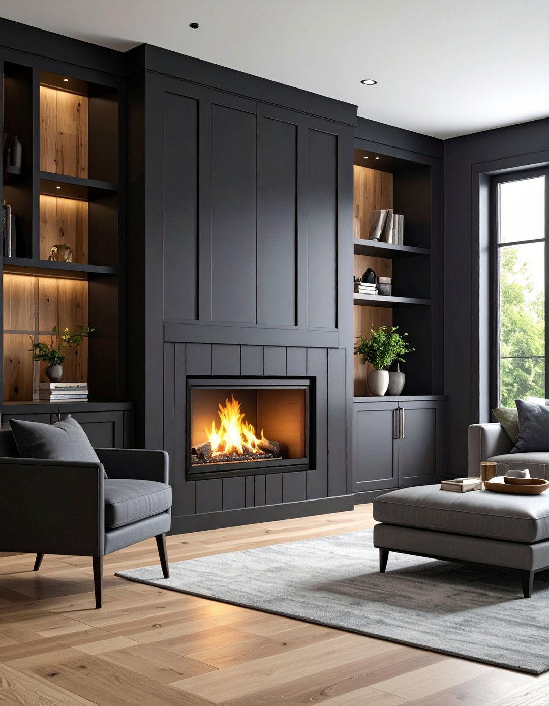 Hidden Storage Flanks a Black Shiplap Fireplace - 20 Black Shiplap Fireplace Ideas