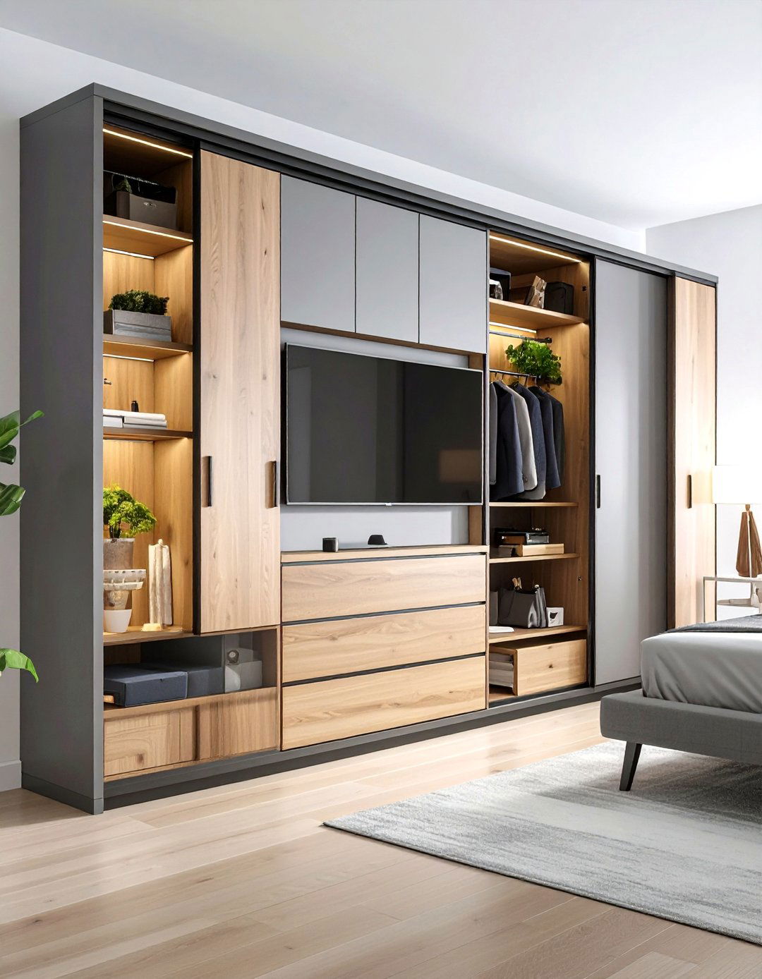 Hidden TV Lift Bridge - 20 Built-in Wardrobe Ideas Around a Bed