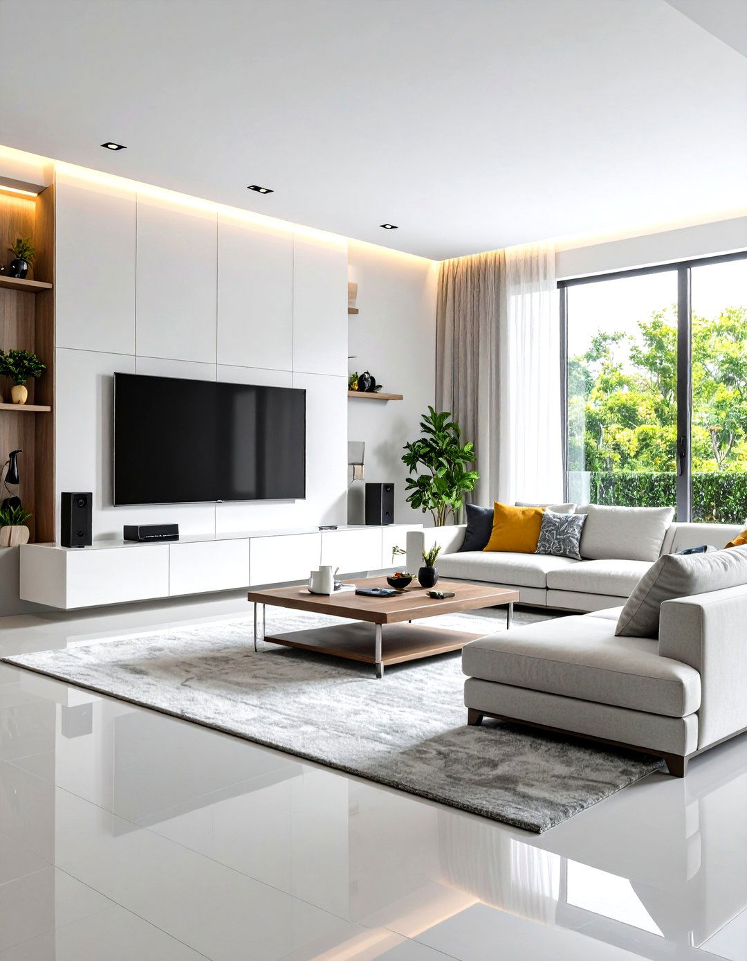 Hidden Tech Keeps a Grey and White Living Room Serene - 20 Grey and White Living Room Ideas