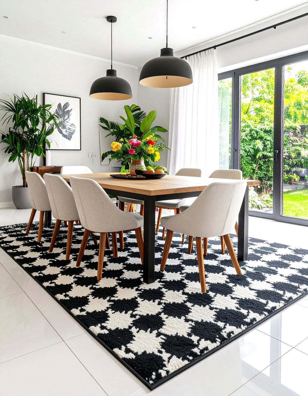 High Contrast Black and White Dining Room Rug Elevates Drama - 20 Dining Room Rug Ideas