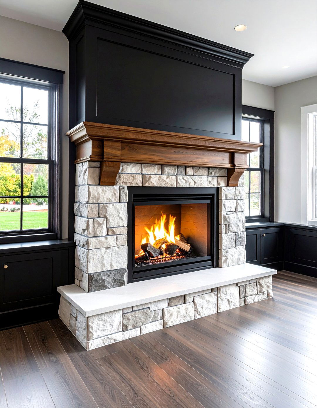 High Contrast Black and White Faux Stone Fireplace - 20 Faux Stone Fireplace Ideas