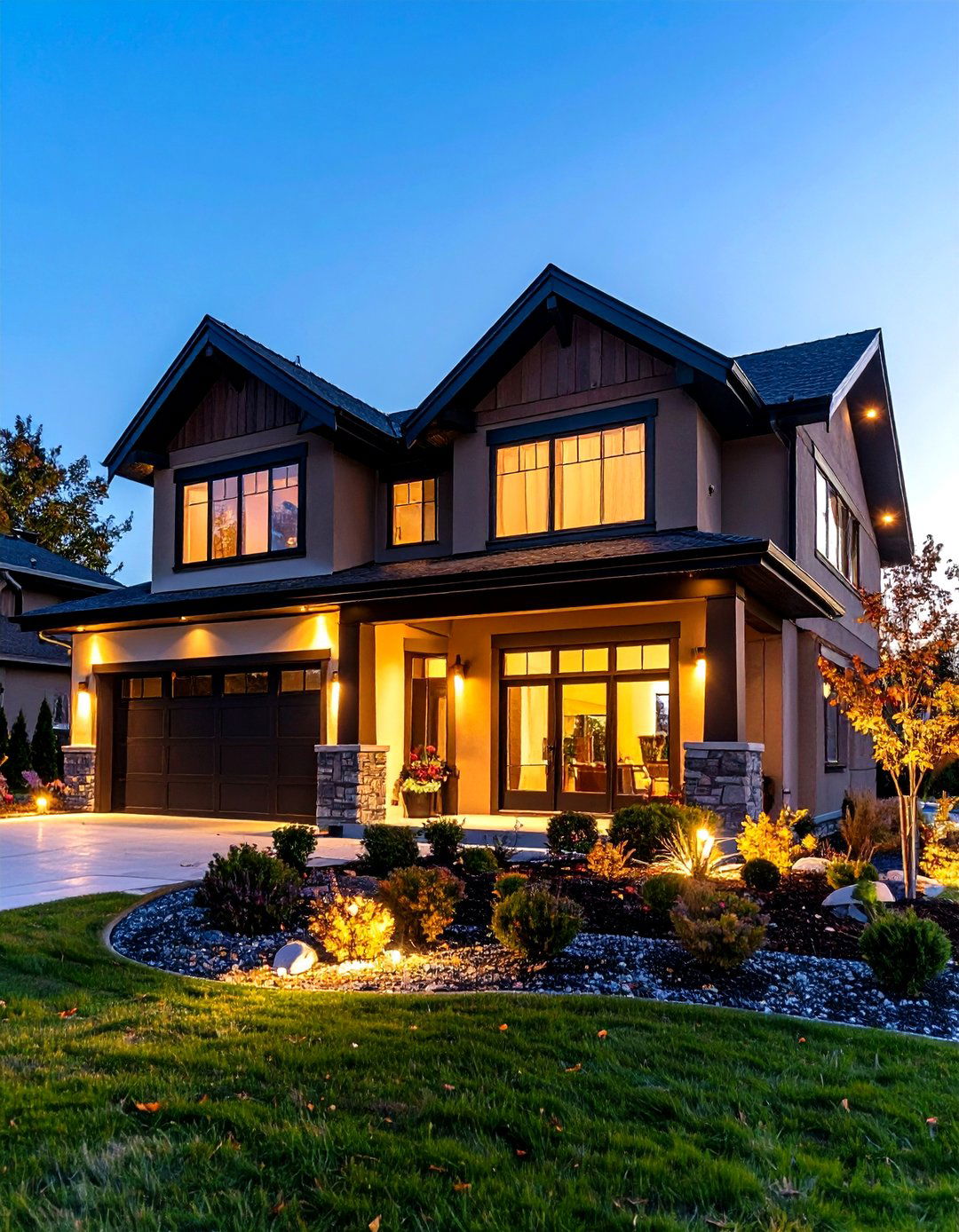 High Contrast Brown House Night Lighting - 20 Dark Brown House With Black Trim