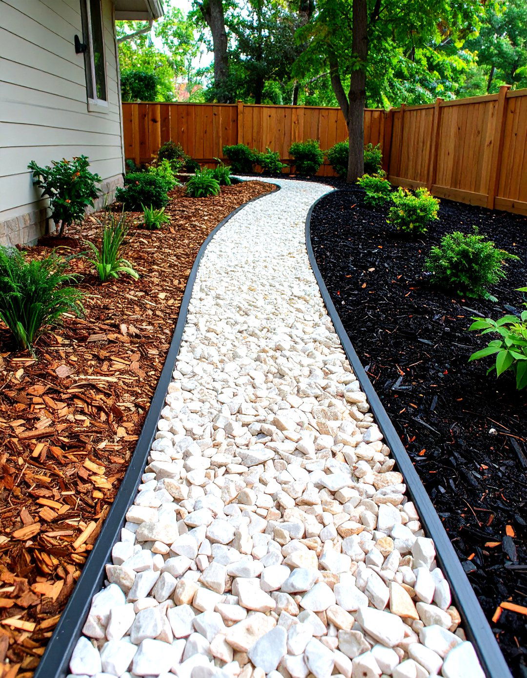 High Contrast Gravel and Black Mulch Banding - 20 Front Yard Landscaping Ideas With Rocks and Mulch