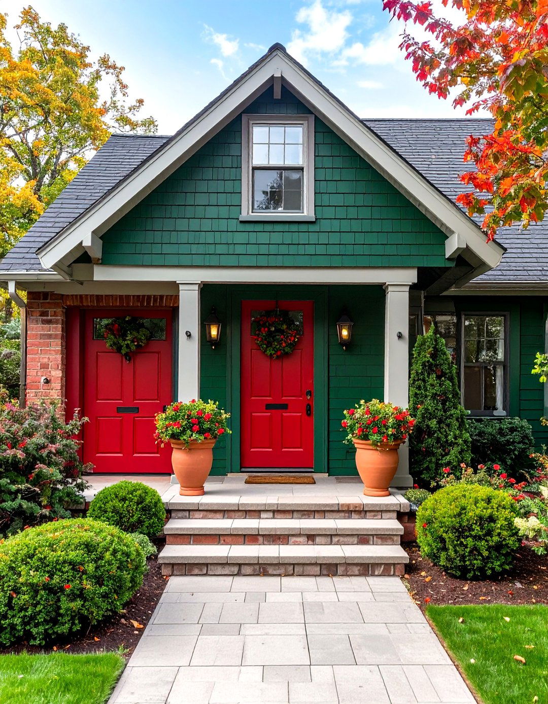 High Contrast Green Brick Exterior with Red Accents - 20 Green Brick Exterior Home Ideas