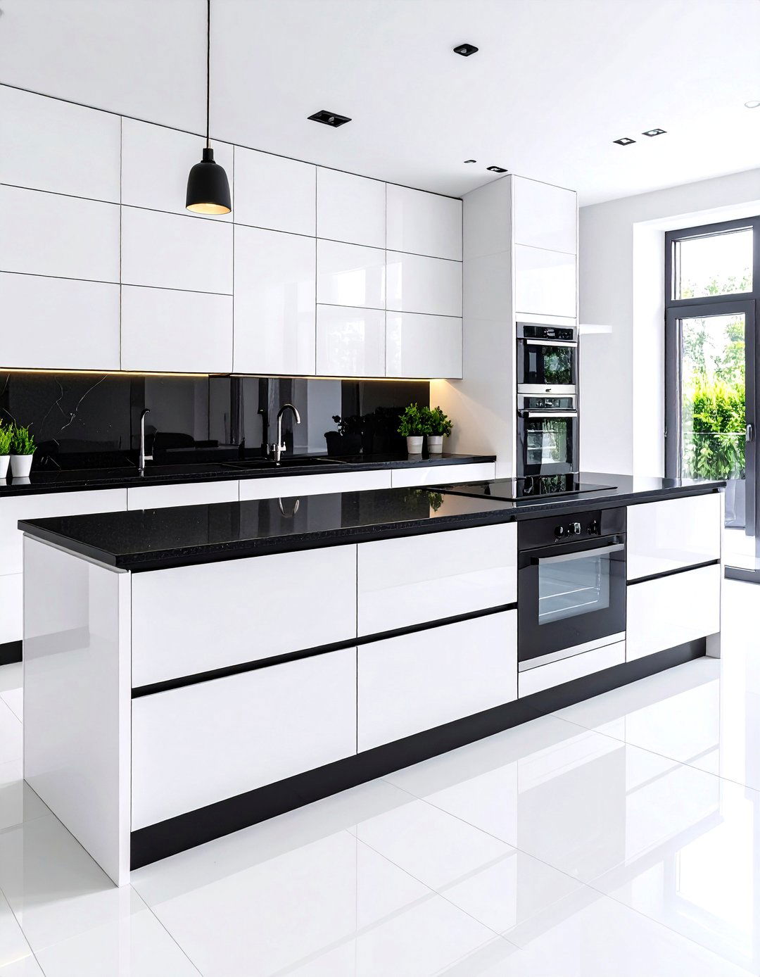 High Contrast Monochrome White Kitchen with Black Countertops - 20 white kitchen with black countertops ideas