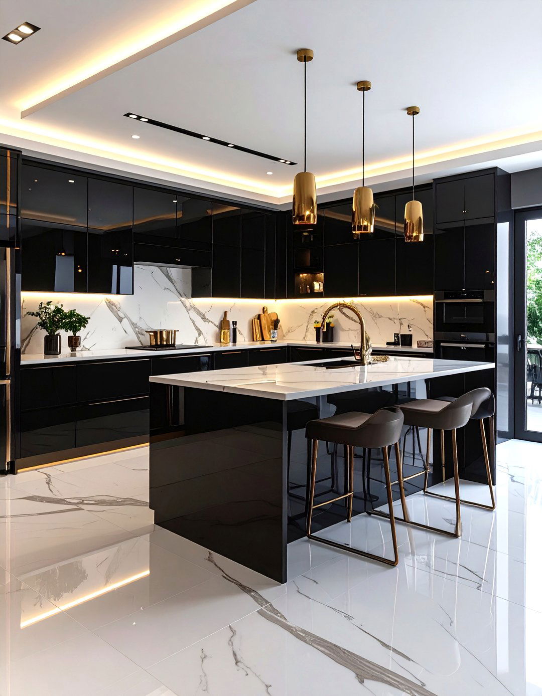 High Gloss Black Cabinets with Reflective Surfaces