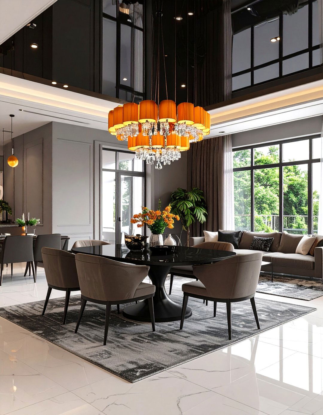 High Gloss Drama Ceiling - 20 Black and Orange Living Room Ideas