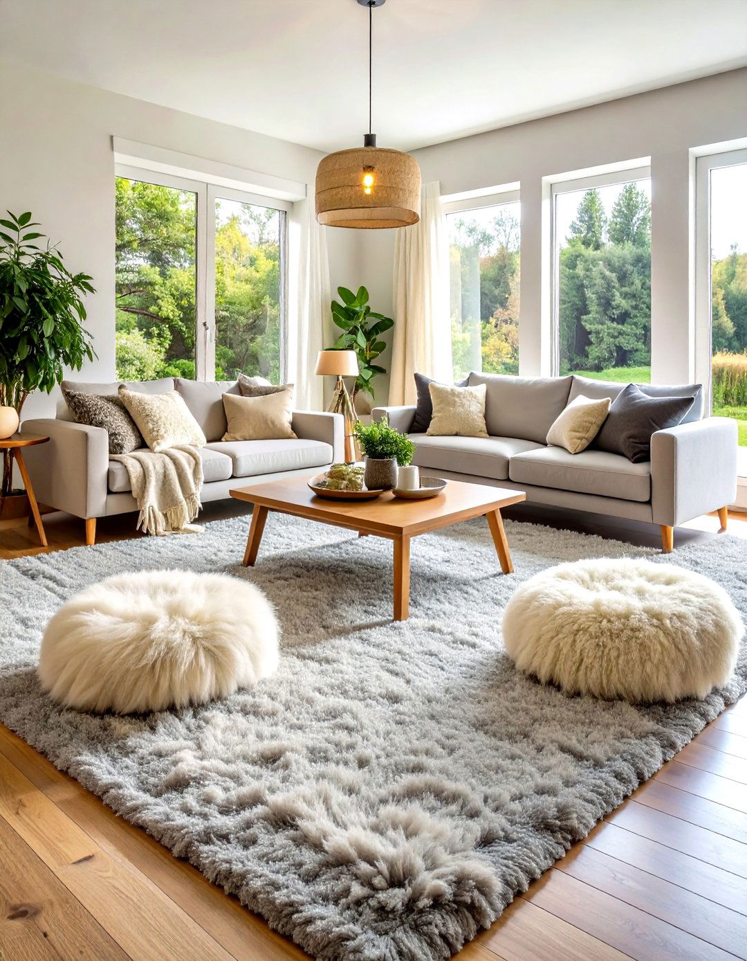 High Pile Grey Carpet in Scandinavian Cocoon - 20 grey carpet living room ideas