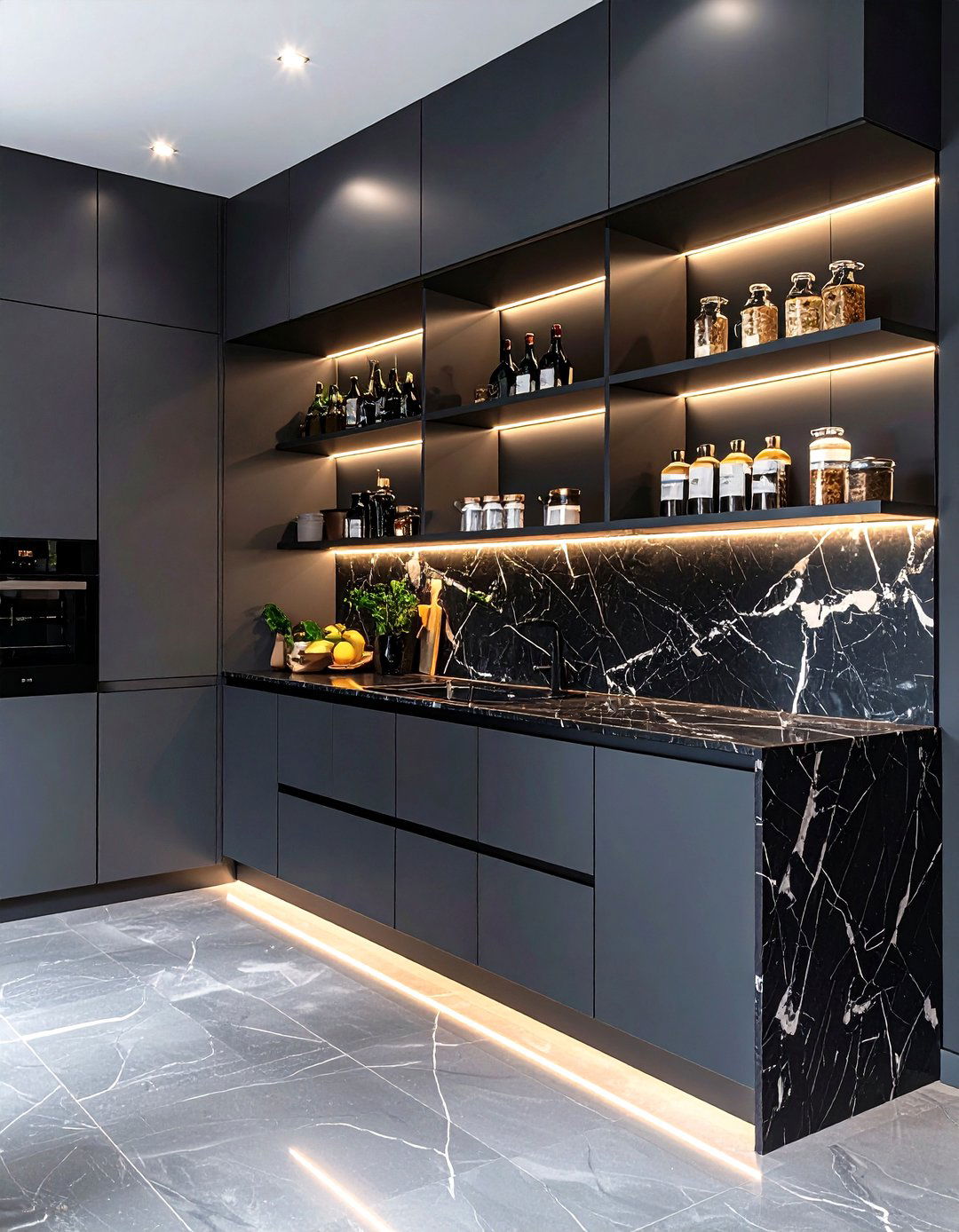 Highlight Veined Black Marble Against Charcoal Cabinets - 20 Gray and Black Kitchen Ideas