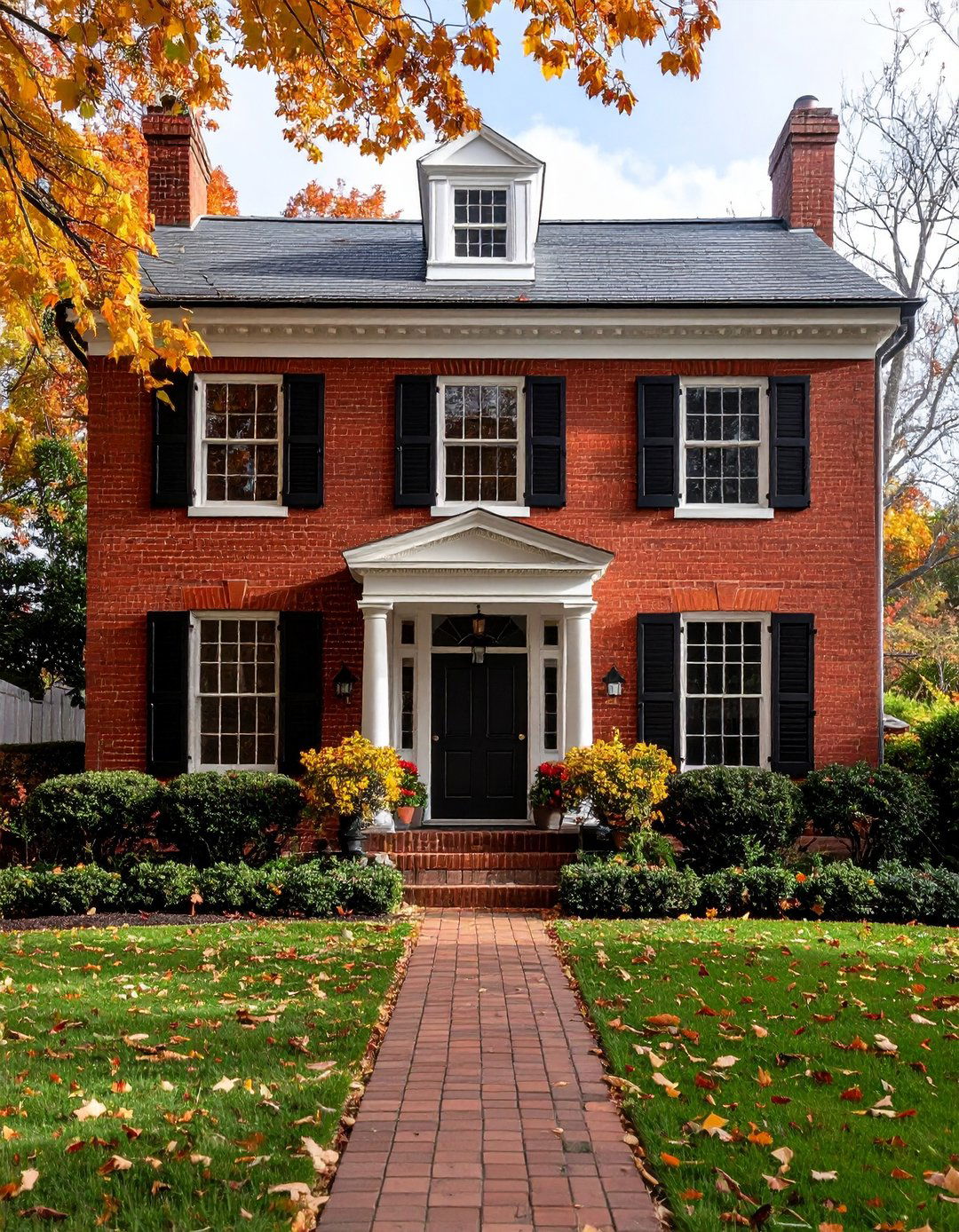 Historic Colonial Red Brick House with Black Accent Trim - 20 Red Brick House with Black Trim Design Ideas