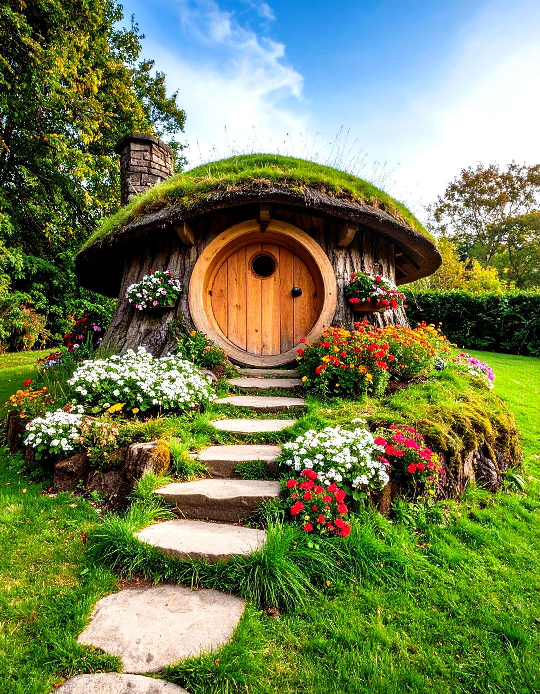 Hobbit Style Tree Stump Door Design - 20 Tree Stump Fairy Garden Ideas