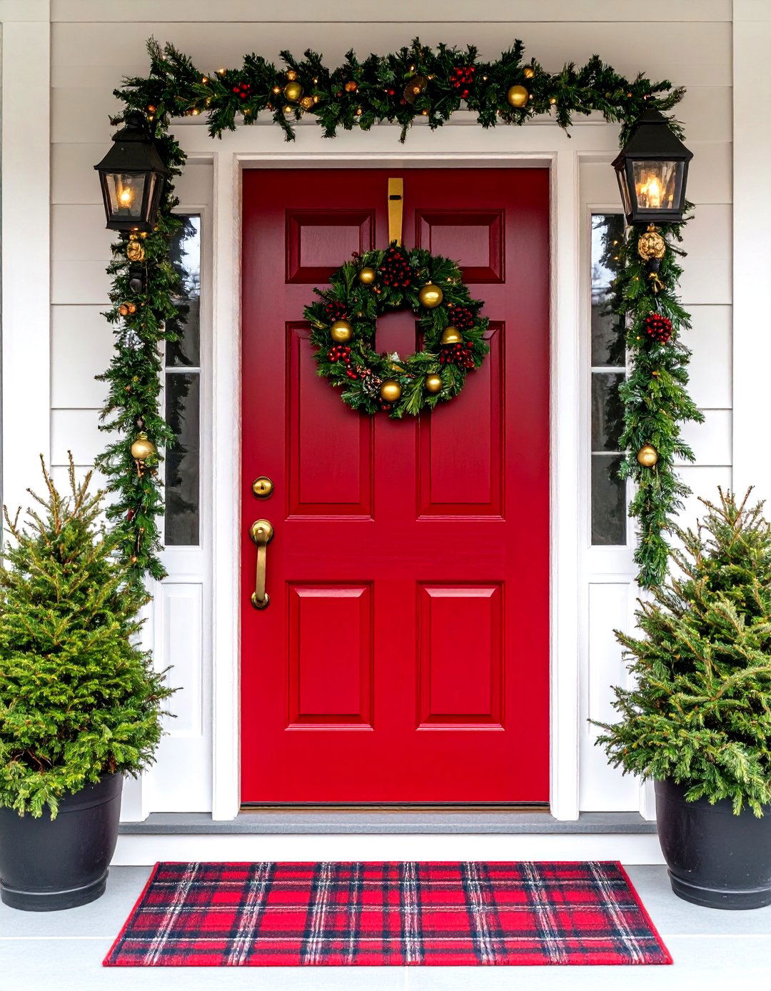 Holiday Ready Dark Red Front Door with Seasonal Greens - 20 Dark Red Front Door Ideas