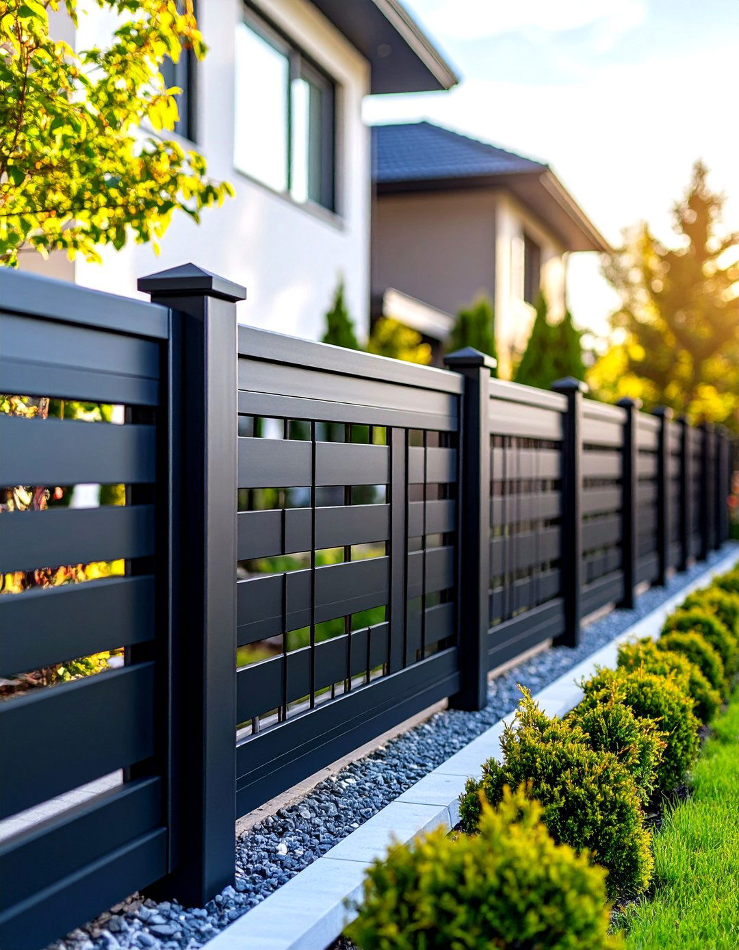 Horizontal Black Metal Fence with Contemporary Lines - 20 Horizontal Fence Ideas