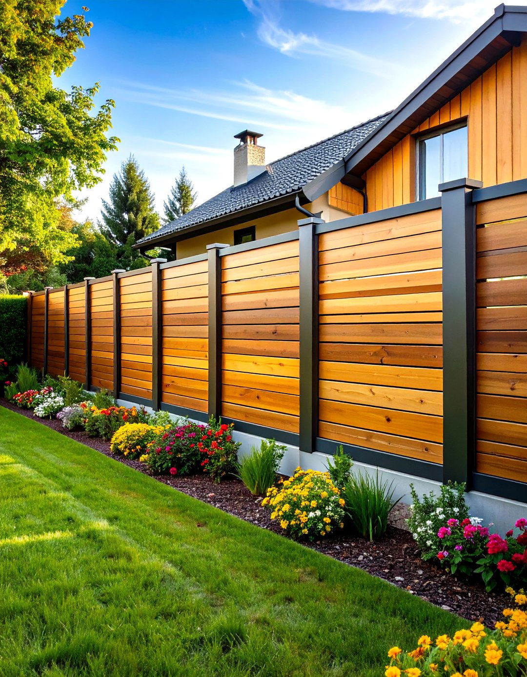 Horizontal Composite Slat Metal Frame Metal and Wood Fence - 20 Metal and Wood Fence