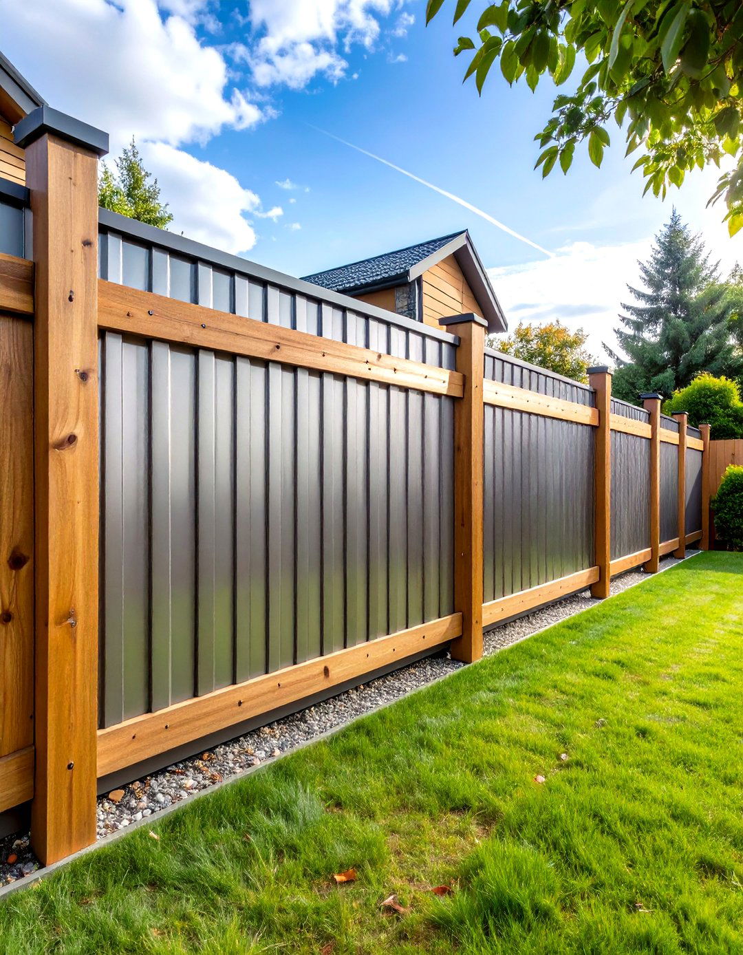 Horizontal Corrugated Metal and Wood Fence Combination - 20 Horizontal Fence Ideas